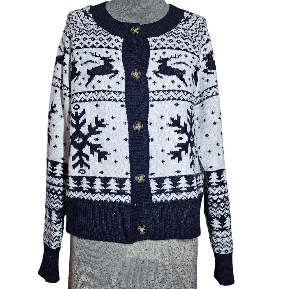 Dec 25th Snowflake Winter Christmas Reindeer Cardigan Sweater Size Small